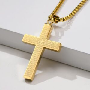 Scripture Cross Pendant Titanium Steel Necklace - Golden with Chain